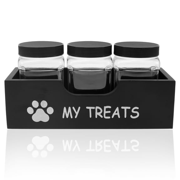 Dog Treat Container Wood Dog Treat Holder with 3 Plastic Jars Reusable Cat Food Container Decorative Pet Food Container for Pet Owner and Pet Lover