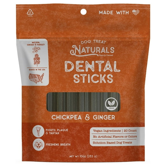 Dog Treat Naturals: Dental Sticks - Chickpea & Ginger - 10oz (20ct), Dog Chew Treats, Freshen Breath, Fight Plaque-Tartar, Helps Clean Teeth, USA Made