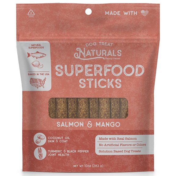 Dog Treat Naturals: Superfood Sticks - Salmon & Mango - 10oz Bag, Dog Chew Treats, All-Natural, Pet Training Snacks, Joint-Skin-Coat Health, USA Made