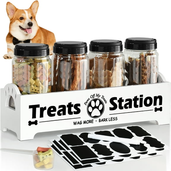 Dog Treat Organizer with Handle, Pet Treat Holder with 4 Dog Treat Jar, Farmhouse Wood Pet Treats Storage Organizer, Cat Dog Treat Organizer