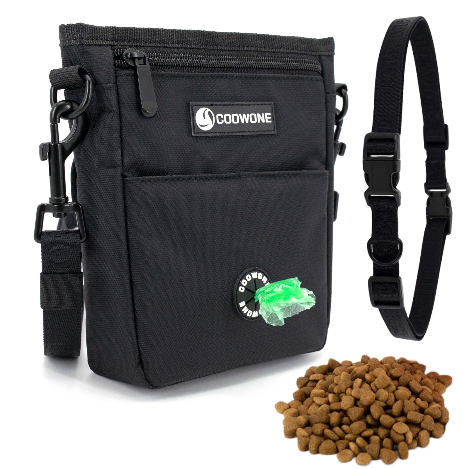 Dog Treat Pouch Pet Training Cross Body Bag, Magnetic Closure Dog Walking Fanny Pack Built-in Poop Bag Dispenser, Adjustable Shoulder Strap (Dog Leash) and Waist Belt (Dog Collar)