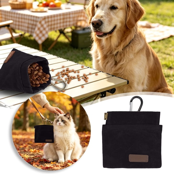 Dog Treat Pouch, Portable Pet Training Treat Bag with Carabiner, Waxed Canvas Puppy Food Bag for Walking, Hiking & Training