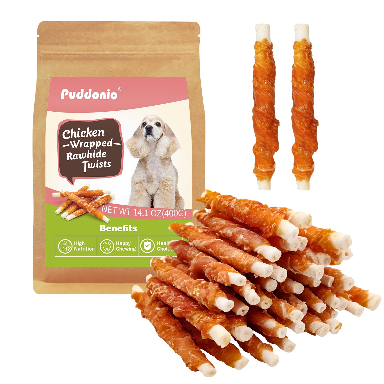 Puddonio Dog Treats, 5 Inch Chicken Wrapped Rawhide Sticks for Dogs