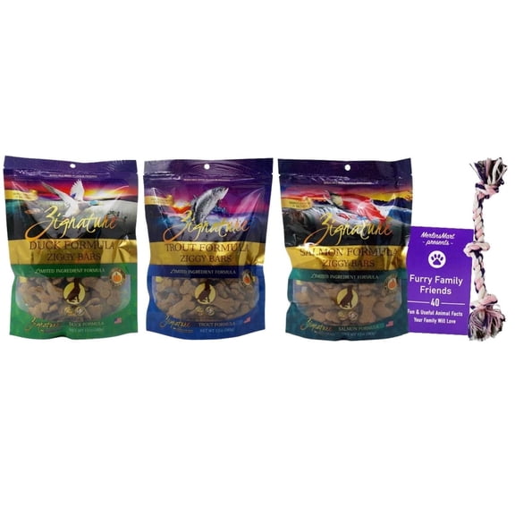 Dog Treats Ziggy Bars 3 Flavor (1) Each: Trout, Salmon, Duck | MerlinsMart Zine & Rope Toy | Zignature
