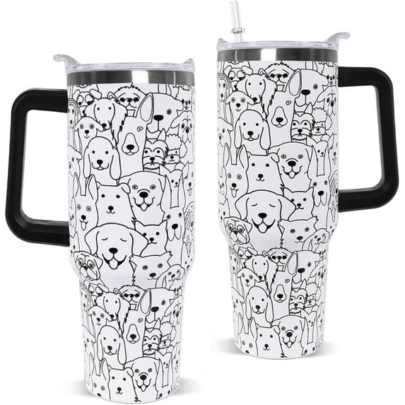 Dog Tumbler with Handle and Straw 40 OZ Cute Puppy Cup Sketch Dogs Coffee Travel Mug Stainless Steel Insulated Water Bottle Dog Lovers Stuff Decor Gifts for Women