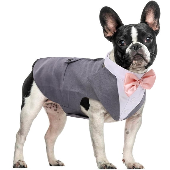 Dog Tuxedo for Small Dogs,Dog Suit and Bowtie, Formal Dogs Wedding Outfit, Pet Tuxedo and Bandana Set Valentines Birthday Christmas Party Costumes for French Bulldog, Pomeranian, Grey, S