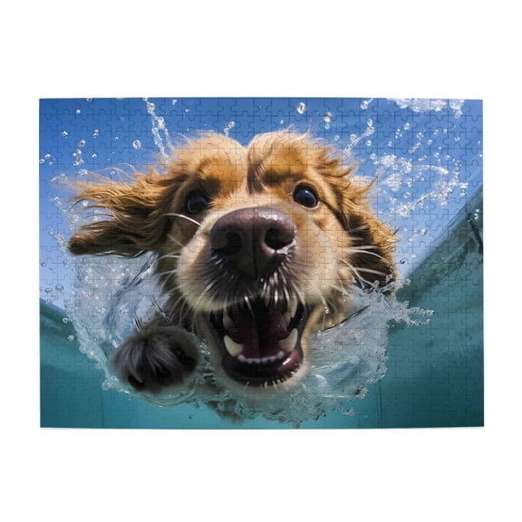 Dog Underwater Playful Pool 500-Piece Wooden Jigsaw Puzzle for Adults, Fun & Challenging Family Game, Stylish Wall Decor & Holiday Gift