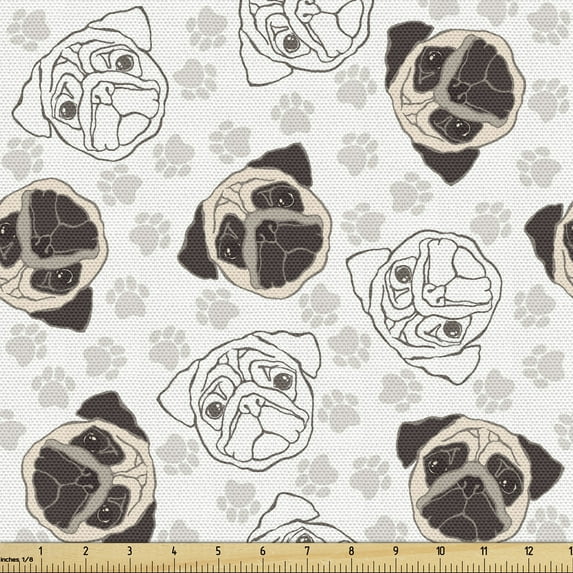 Dog Upholstery Fabric by the Yard, Pug Portraits Traces Paw Print Background Canine Pet Illustration Mammal Animal, Decorative Fabric for DIY and Home Accents, 2 Yards, Beige Brown Tan by Ambesonne