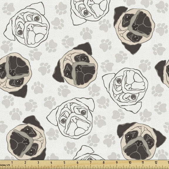 Ambesonne Dog Lover Fabric by the Yard Upholstery, Pug Portraits Traces, 5 Yards, Beige Brown Tan