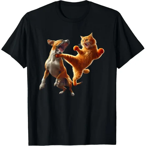 Dog Vs Cat Kick Boxing Fighting Funny Cat Joke Pun Graphic T-Shirt