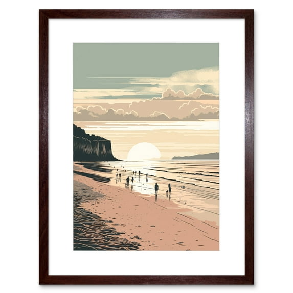 Dog Walks on the Beach Sunset Coastal Landscape Artwork Framed Wall Art Print 9X7 Inch