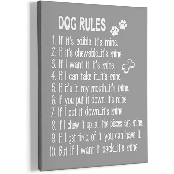 Dog Wall Art, Dog Wall Decor, Funny Quote Dog Rules Framed Canvas Painting Wall Art Decor, Dog Lover Sayings Wall Art Artwork Home Decoration For Living Room Bedroom Bathroom 11x14 Inch (Gray)