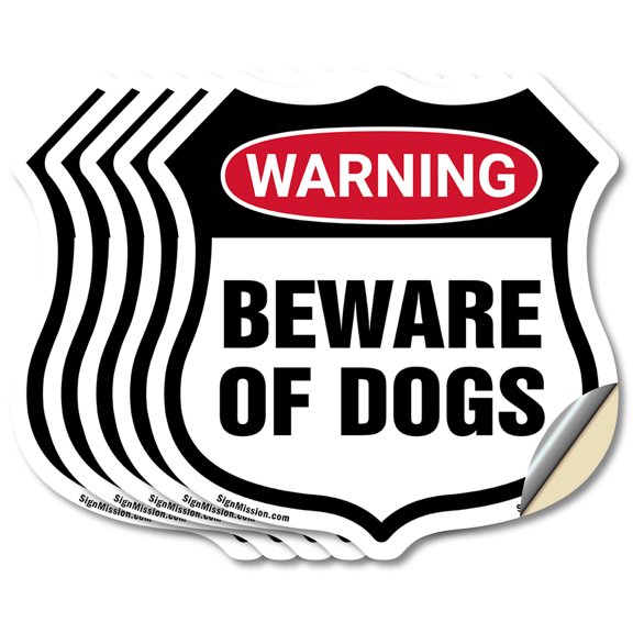 Dog Warning Shield Sign Beware Of Dogs (5 Pack) 4 inch X 4 inch Shield Shaped Heavy Duty 3.2 mil Vinyl Decals Weather Resistant, UV Protected for Workplace Made in the USA