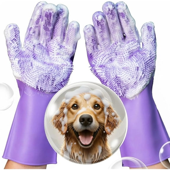 HODESunPure Dog Washing Gloves with Bristle Scrubbers, Reusable Silicone Bath Gloves for Pet Grooming (Purple)
