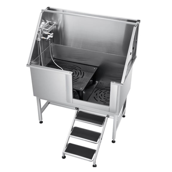 Dog Washing Station 50 Inch Stainless Steel Pet Grooming Tub, Right Door, Hot & Cold Faucet, Non-Slip Stairs - Fits Medium Large Dogs