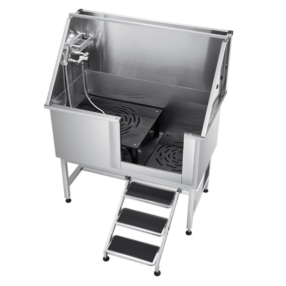 Dog Washing Station 50 Inch Stainless Steel Pet Grooming Tub with Stairs, Faucet & Showerhead, PE Filter Board, Left Door for Large Medium Small Pets