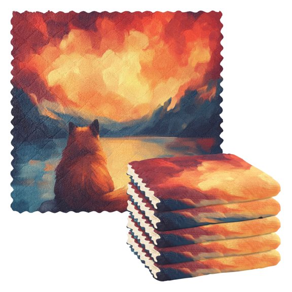 Dog Watching A Sunset 6 Pack Kitchen Cleaning Cloths 11'' x 11'', Super Absorbent, Soft Double Layer Plush for Dish and Surface Cleaning