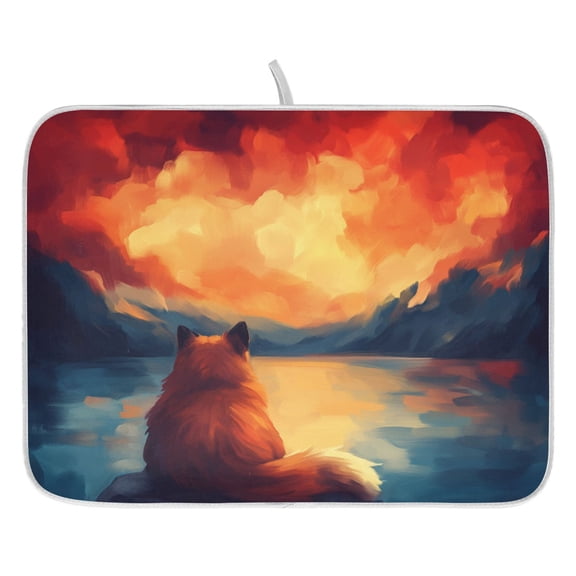 Dog Watching A Sunset Dish Drying Mat for Kitchen, Quick Drying Absorbent Soft Durable 16" x 18"