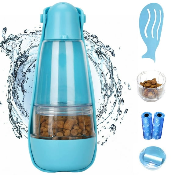 Dog Water Bottle, 4 in 1 Portable Foldable Dog Water Dispenser with Food Storage and Dog Poop Bag Storage for Pets Outdoor Walking Hiking Travel