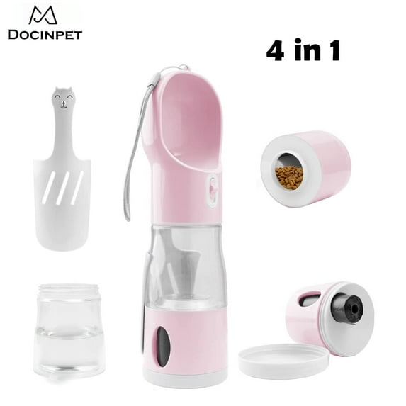 Dog Water Bottle, Crisque Pet Cat Puppy Dog Travel Water Bottle Dispenser with Food Container, Portable Dog Water Bottle for Walking Hiking Outdoor Dog Accessories (4 in 1)