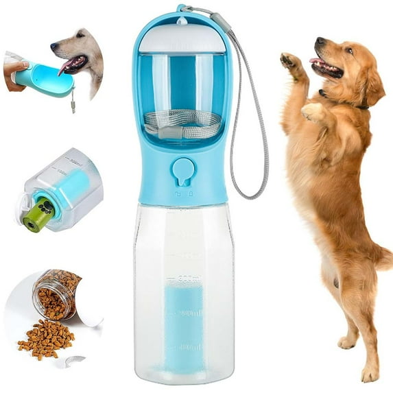 Dog Water Bottle with Food Container & Poop Bag Holder, 20 Oz Portable Pet Dispenser, Leak Proof Lock, for Drinking, Feeding, Travel, Walking and Hiking (Blue 20 Oz)