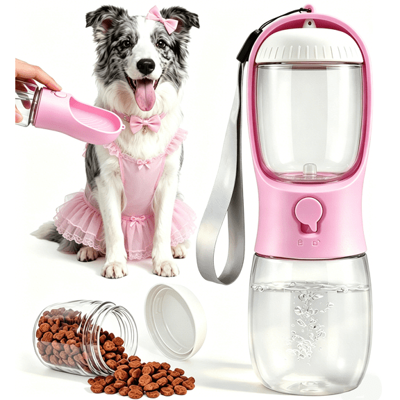 Dog Water Bottle with Food Container, Travel Puppy Water Bowl, Dog Water Bottle Portable for Pets Outdoor Walking and Hiking, Puppy Essentials, Dog Gift, Pink