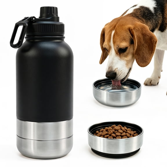 ZALALOVA Dog Water Bottle , Insulated Stainless Steel Travel Water Dispenser with 2 Detachable Dog Bowls for Food and Water, Leak Proof Portable Pet Drinking Cup for Walking Hiking Camping