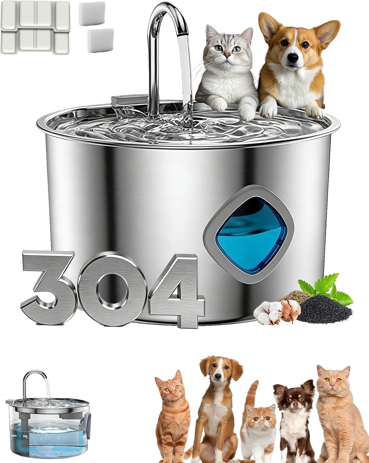 Dog Water Bowl with 10 Filter & Quadruple Filtration, 304 Stainless Steel Pet Drinking Fountain with Quadruple Filtration,3.2L Large Capacity Automatic Water Dispenser