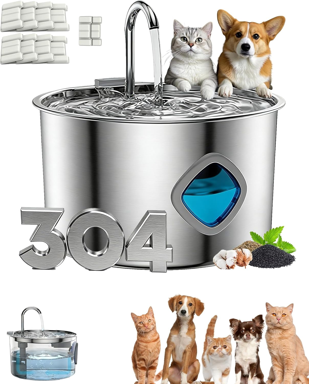 Dog Water Bowl with 10 Filter & Quadruple Filtration, 304 Stainless Steel Pet Drinking Fountain with Quadruple Filtration,3.2L Large Capacity Automatic Water Dispenser