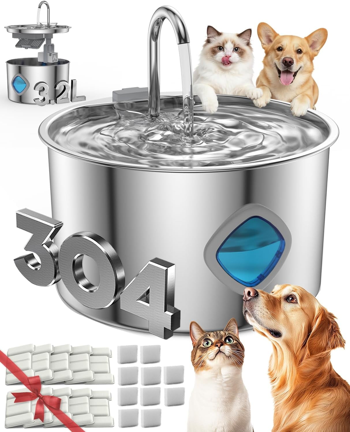 Dog Water Bowl, 3.2L Dog Water Fountain, Quad-Purification System and Continuous Circulating Water Flow,Stainless Steel Easy-to-Clean,Quiet Operation,Water Bowl for Dog Cat (Bowl+10Set Filter)