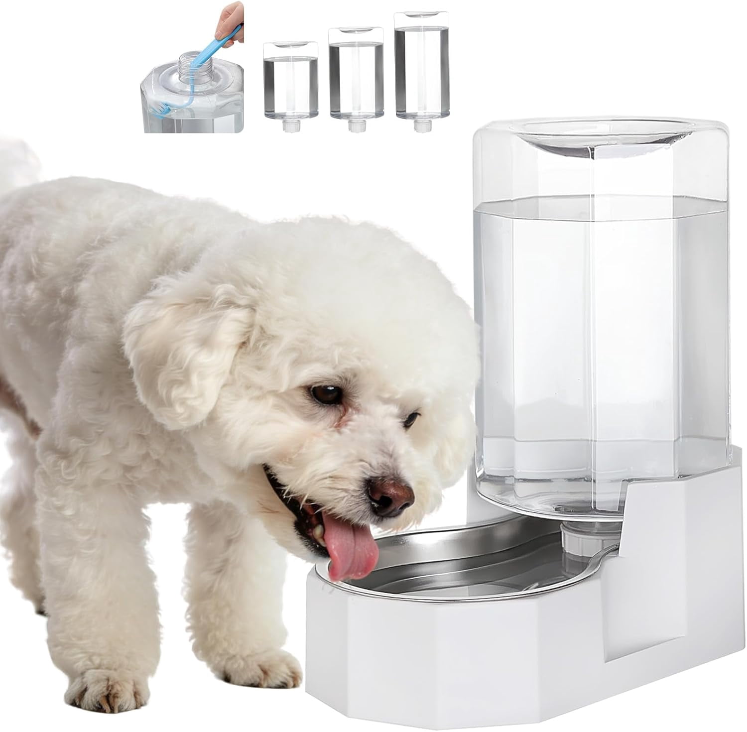 Dog Water Bowl Dispenser: 6L Large White Gravity Stainless Steel Bowl - Without Filter - Pet Feeder for Pets Indoor/Outdoor Use by Owners