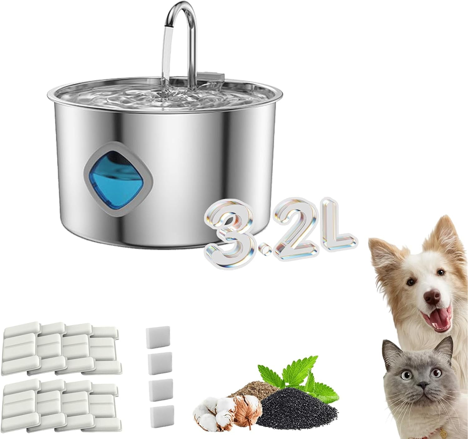 Dog Water Bowl Fountain, 3.2L Stainless Steel Pet Water Dispenser with Multi-Layer Filtration, Faucet Style Flow, Large Capacity for Cats and Dogs