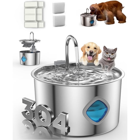 Dog Water Bowl, Quad-Purification & Continuous Circulating Flow, 108oz/3.2L Wireless Stainless Steel, Easy-to-Clean and Quiet Operation for Dogs and Cats