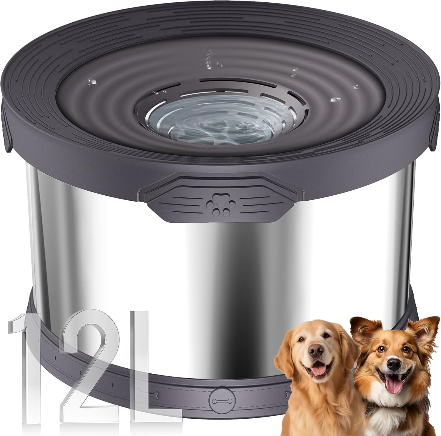 Dog Water Bowl No Spill 12L Stainless Steel, 3.17 Gallon Large Capacity Spill-Proof Dog Bowls, Non-Slip Slow Drinking Anti-Splash Bowl for Large Messy Drinkers, No Mess Indoor/Outdoor Use, Gray