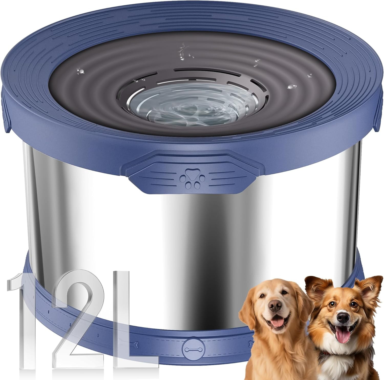 Dog Water Bowl No Spill 12L Stainless Steel, 3.17 Gallon Large Capacity Spill-Proof Dog Bowls, Non-Slip Slow Drinking Anti-Splash Bowl for Large Messy Drinkers, No Mess Indoor/Outdoor Use, Blue