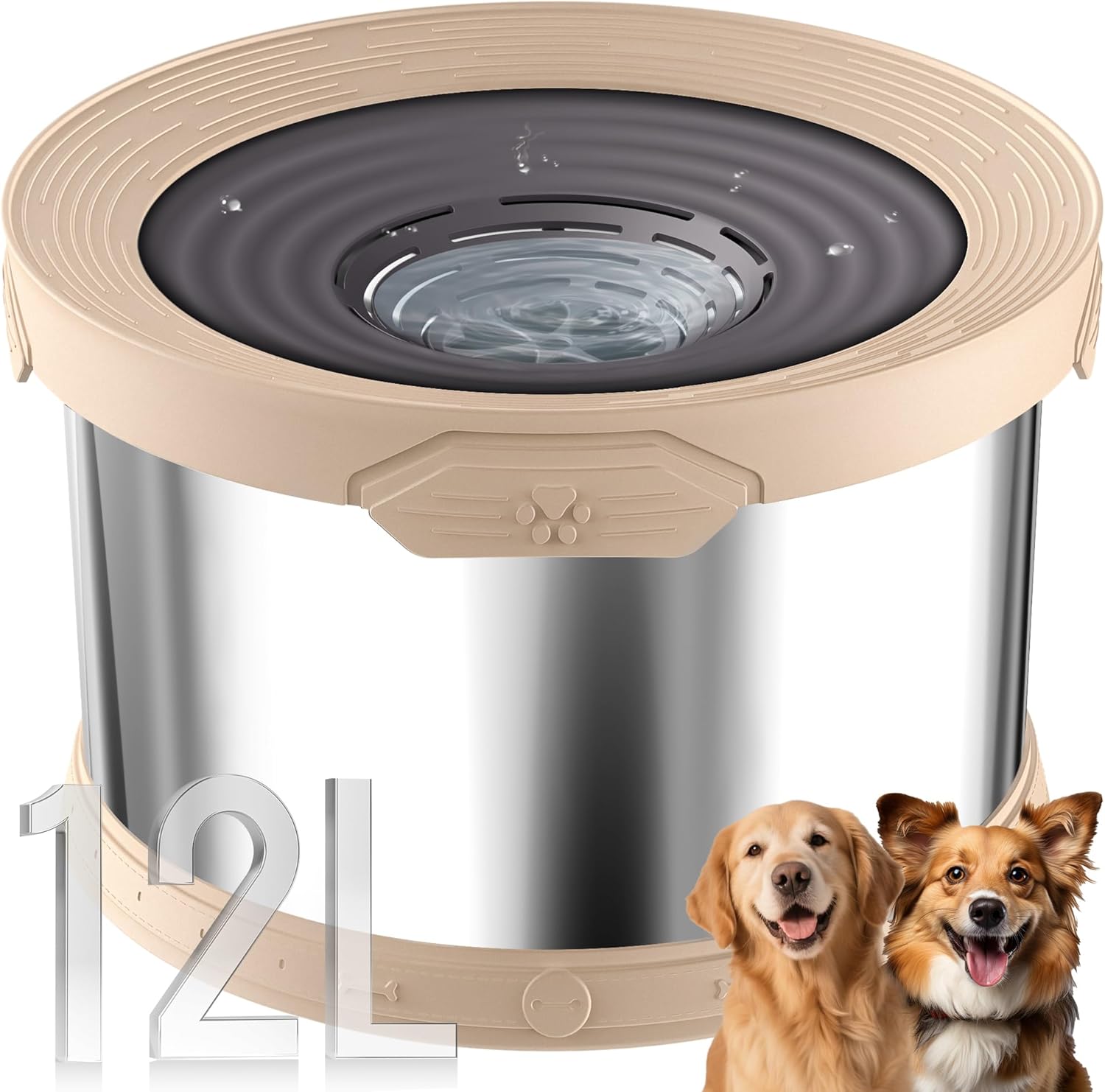 Dog Water Bowl No Spill 12L Stainless Steel, 3.17 Gallon Large Capacity Spill-Proof Dog Bowls, Non-Slip Slow Drinking Anti-Splash Bowl for Large Messy Drinkers, No Mess Indoor/Outdoor Use, Beige