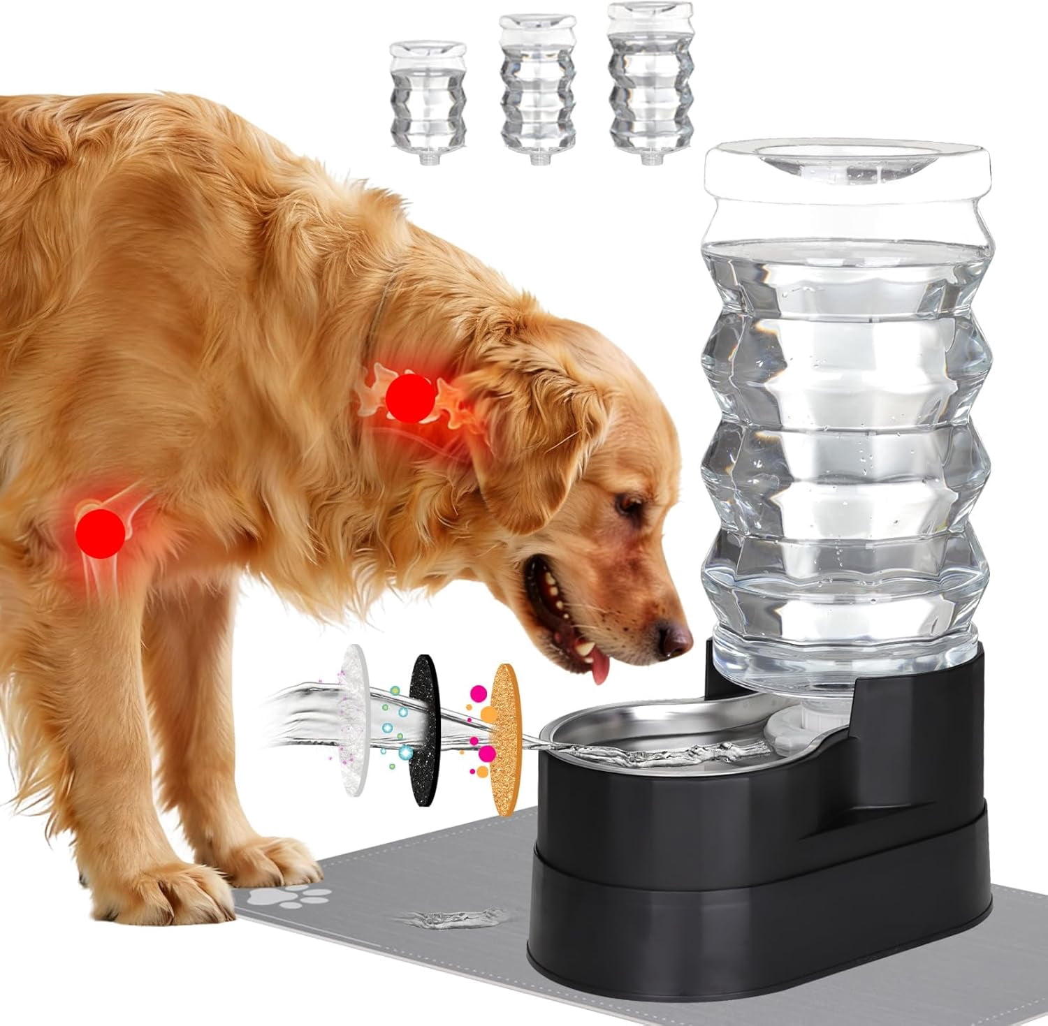 Dog Water Dispenser Bowl: 9L Large Black Automatic Stainless Steel Pet Feeder with Triple Filter and Specialized Brush - for Dogs Good for Joint Health - Garden Garage