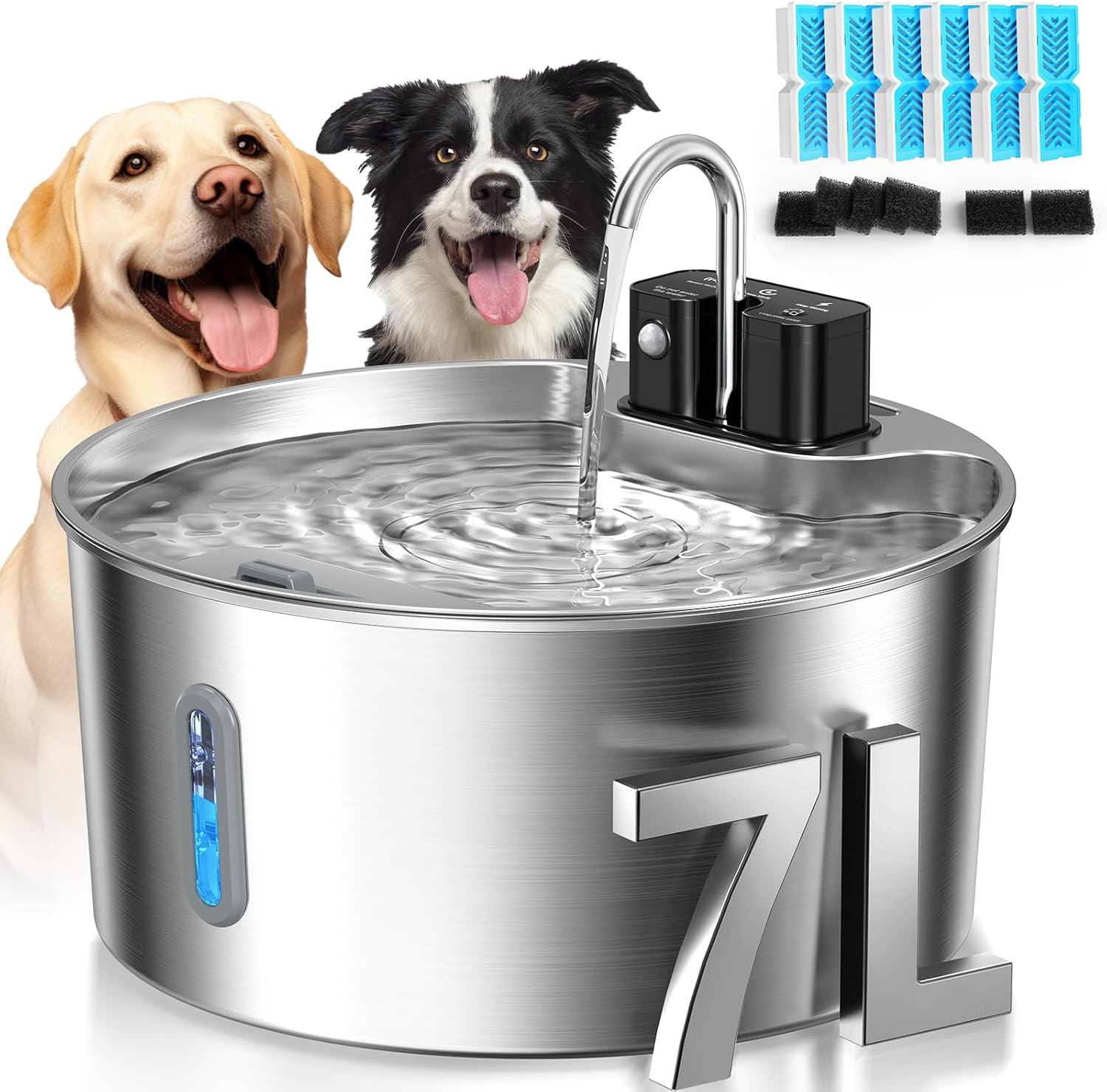 Dog Water Fountain: 1.8Gal/7L Wireless Stainless Steel Dog Fountain Bowl for Small to Large Dogs, Battery Operated Pet Water Dispenser Indoor with Ultra-Quiet Pump, Easy Clean, 6 Filter