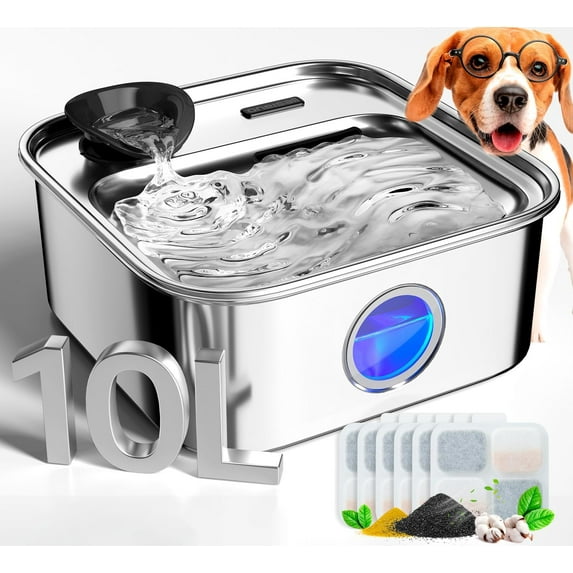 Dog Water Fountain, 2.6Gal/10L Stainless Steel Dog Water Bowl Dispenser with Deeper Drinking Aera & Washable Filter, Ultra-Quiet Pet Water Fountain for Small Medium Large Dogs(with 6 Fllters)