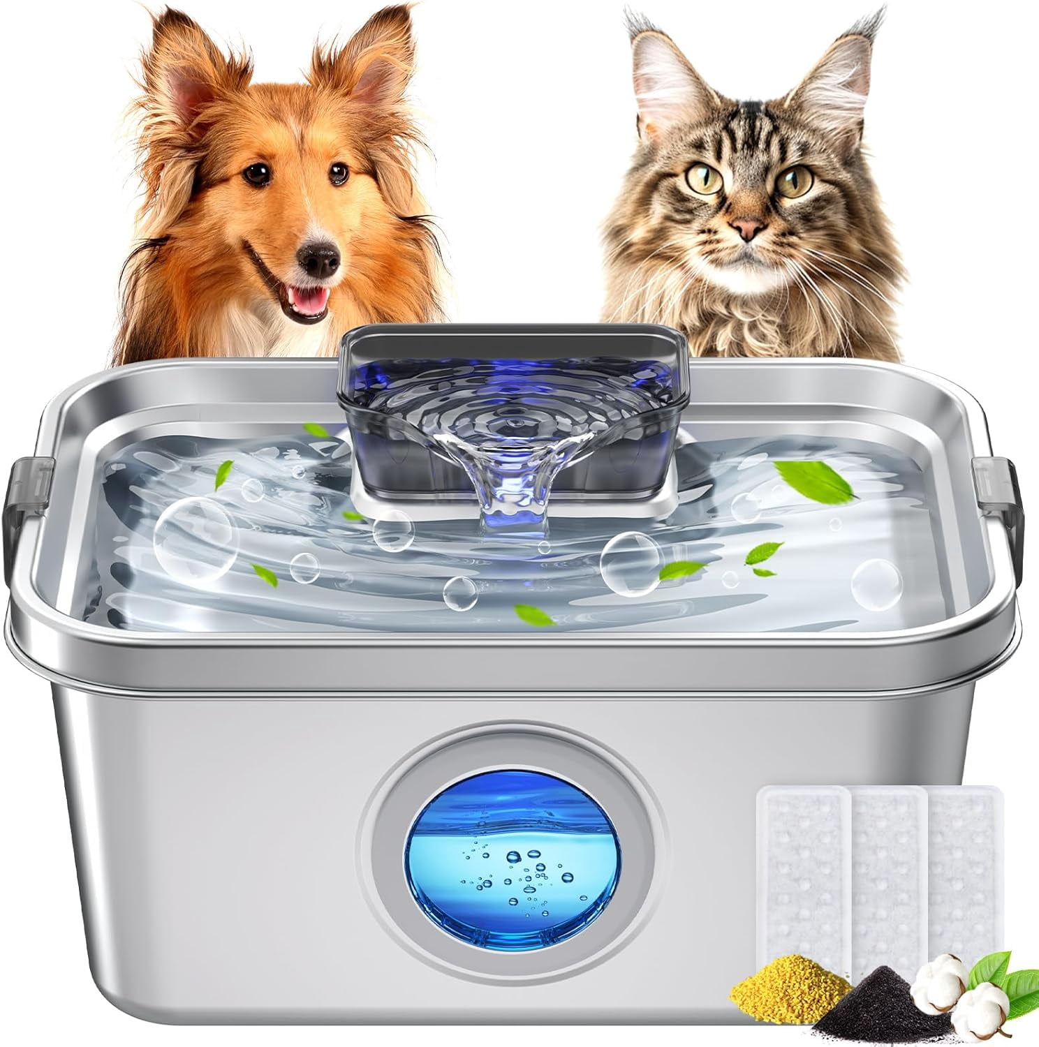 Dog Water Fountain 2 Gal, Stainless Steel Dog Water Fountain for Large Dogs Multi-Cats, Pet Water Fountain with Big Window, Super-Quiet Pump, Indoor Automatic Dog Water Bowl Dispenser Fountain