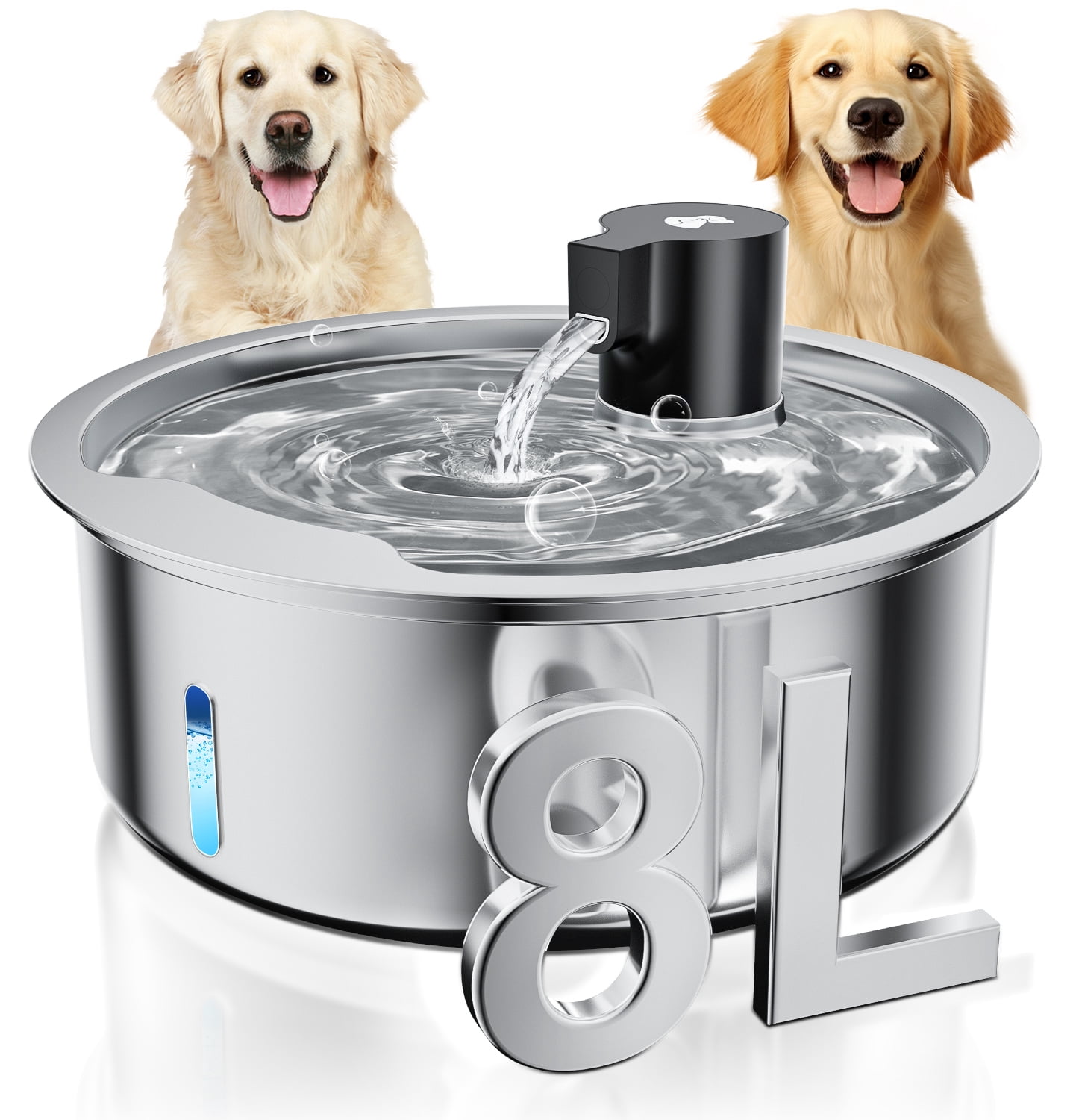 Dog Water Fountain, 8L Stainless Steel Dog Water Fountain for Large Dogs, Dog Water Bowl Dispenser, Super Quiet Pump and Replacement Filters for Cats and Dogs