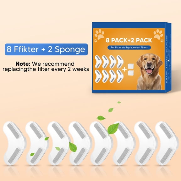 Dog Water Fountain Filter 8-Pack + 2 Sponges - Activated Carbon Replacement Set for 8L Large Wireless Dog Fountain