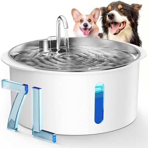 Dog Water Fountain for Large Dogs, 1.8Gal/7L Pet Water Fountain, Dog Water Bowl Dispenser with Viewing Window & LED, Super Quiet, Stainless Steel Tray Easy Clean BPA-Free(with 1 Filters)