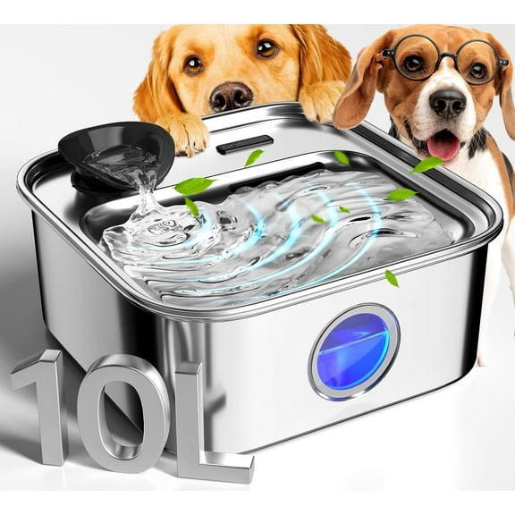 Dog Water Fountain for Large Dogs, 10L/2.6Gal Stainless Steel Automatic Dog Water Bowl Dispenser with Deeper, Wider Drinking Area, Water Window & Triple Filtration for Large Dogs & Multi-Pet