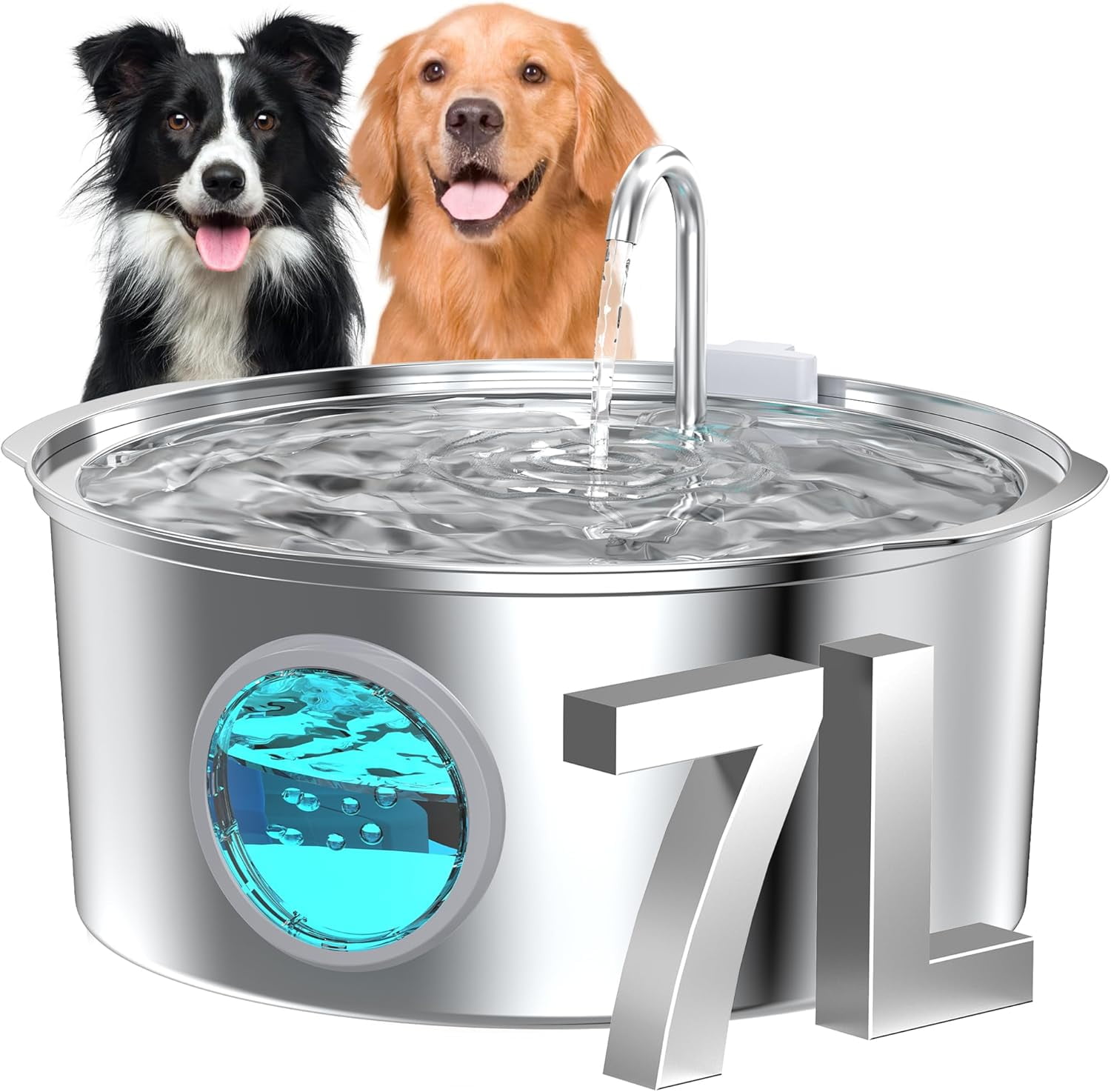 Dog Water Fountain for Large Dogs:  Big Cat Water Fountain Stainless Steel -1.8Gal/7L Big Quiet Cats Water Bowl Dispenser- Pet Water Fountains for Dogs - 8 Filters + 8 Sponge Filters