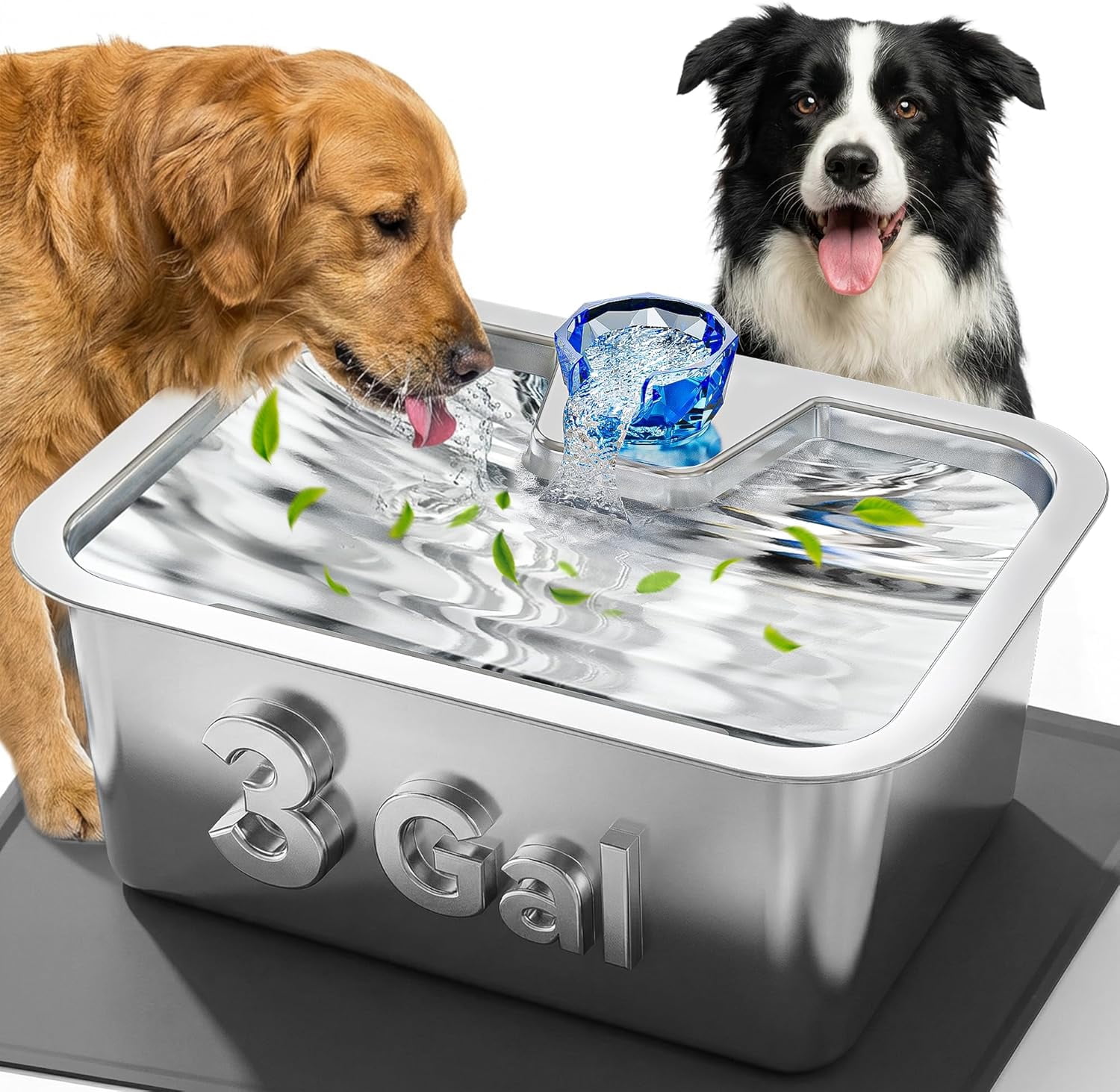Dog Water Fountain with Silicone Mat - 3 Gallon Stainless Steel Pet Water Fountain with 6 Filters, Quiet Automatic Bowl Dispenser Drinking Waterer for Large Dogs & Multi-pet, Easy to Clean