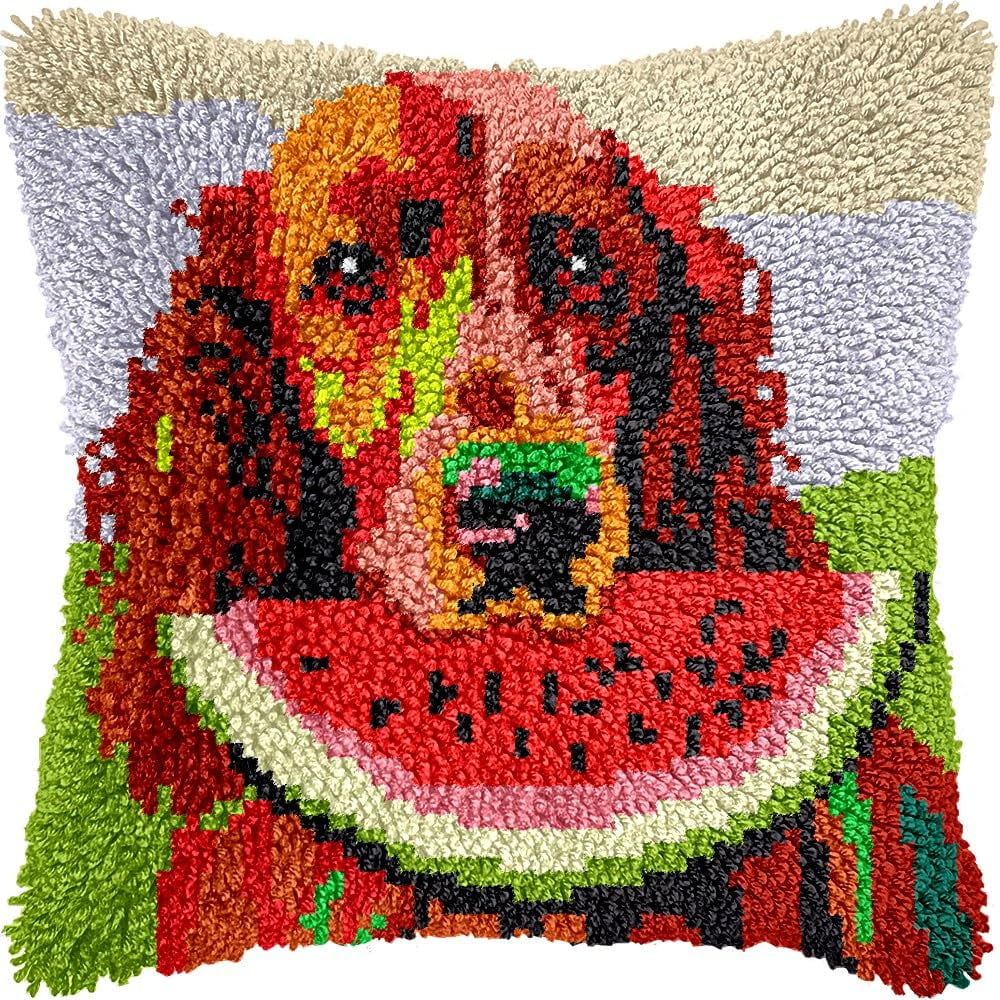 Dog & Watermelon Latch Hook Kits Pillow DIY Pillowcase Crochet Hook Cushion Making Kits with Preprinted Pattern Canvas Instruction Yarns Pillow Cover Easy Starter DIY Crochet Kits 43x43cm（L68)