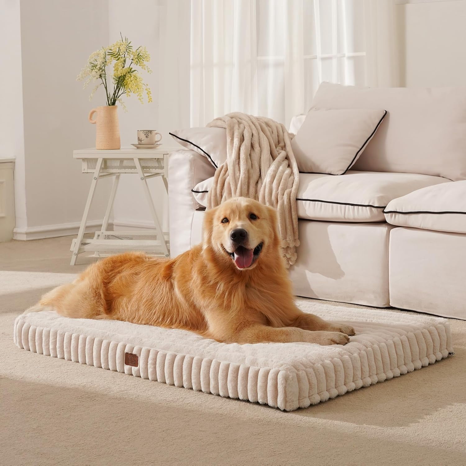 Dog, Waterproof Pet Bed,Non-Slip Bottom and Egg-Crate Foam with Removable Washable Cover Crate Bed,Cream,47"x29"x4"