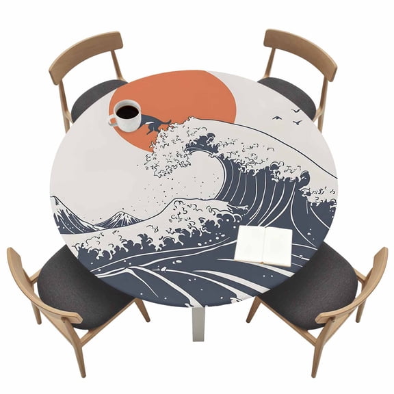 Dog Waves Round Fitted Tablecloth with Elastic Edge Sun Bird Table Cover Fit for 55"-60" Tables Waterproof Tablecloths for Dinner Camping Picnic