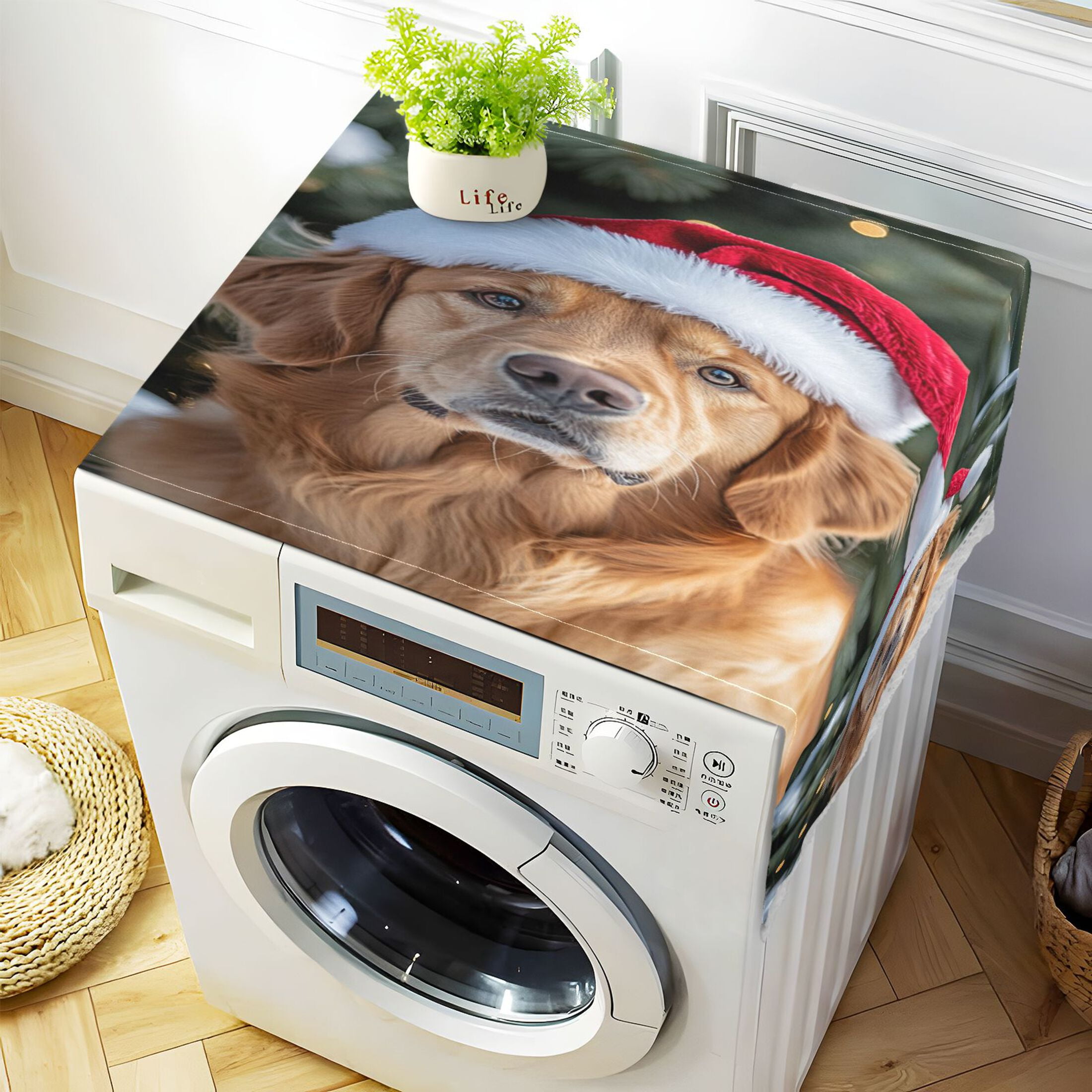 Dog Wearing A Santa HatWasher and Dryer Covers Dust-Proof and Oil Resistant Fridge Cover with 4 Storage Pockets Washing Machine Top Cover for Laundry Kitchen Home 51.2 x 22 In